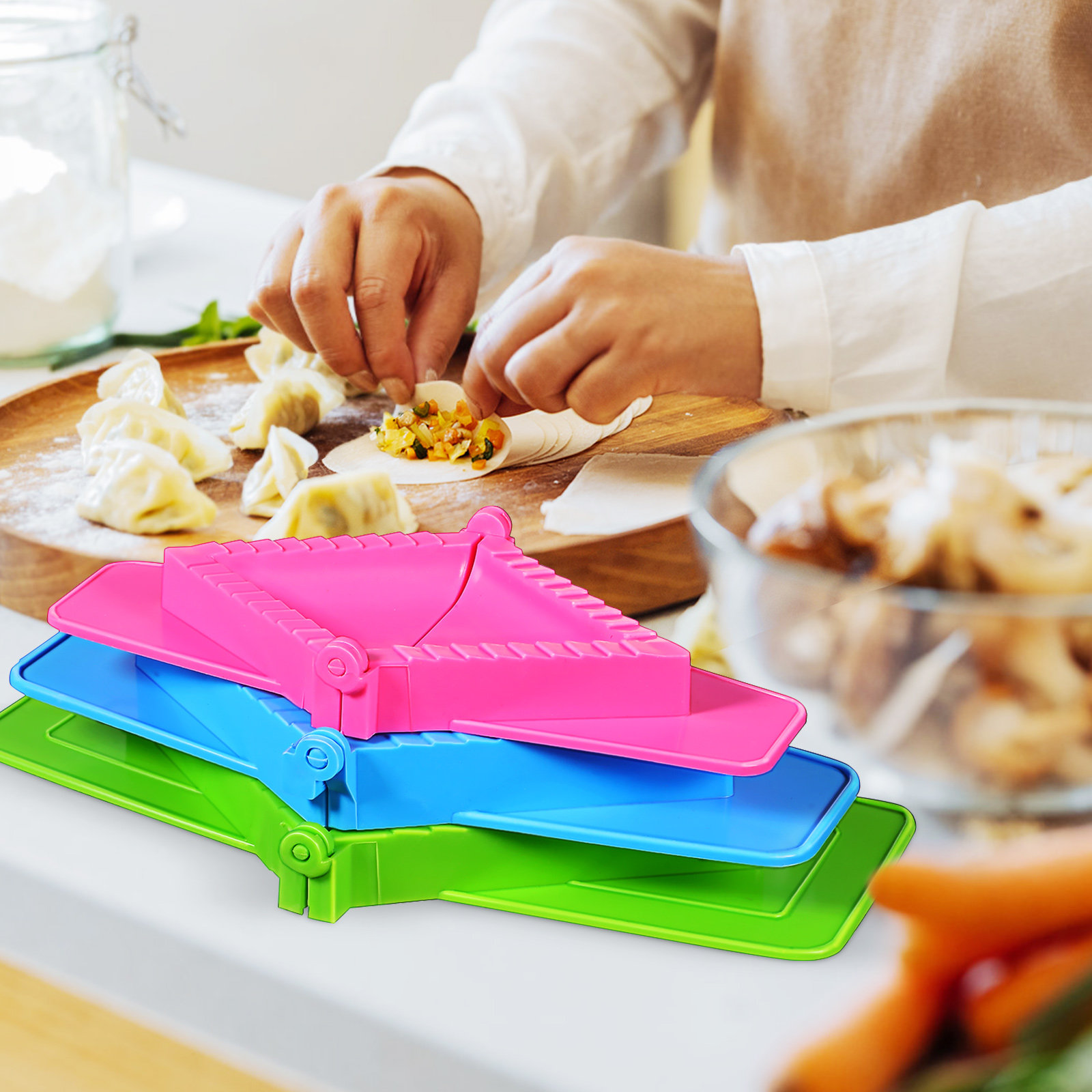 3-delige vierkante plastic han - Dumpling Press Set recensie en prijs